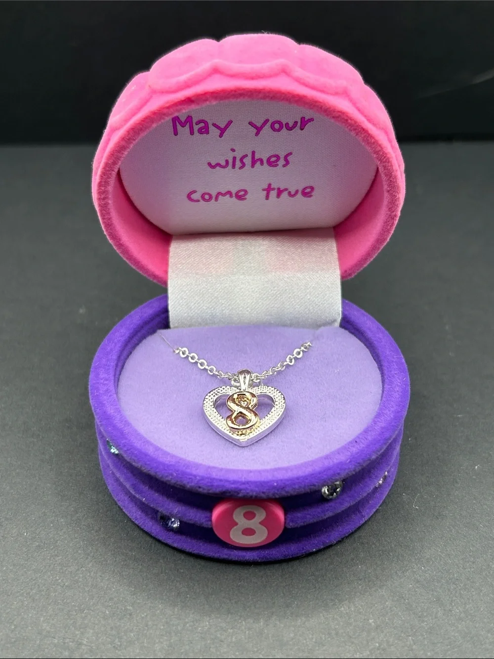 Silver Heart Pendant Necklace with Gold Accented '8' Charm - Pink & Purple